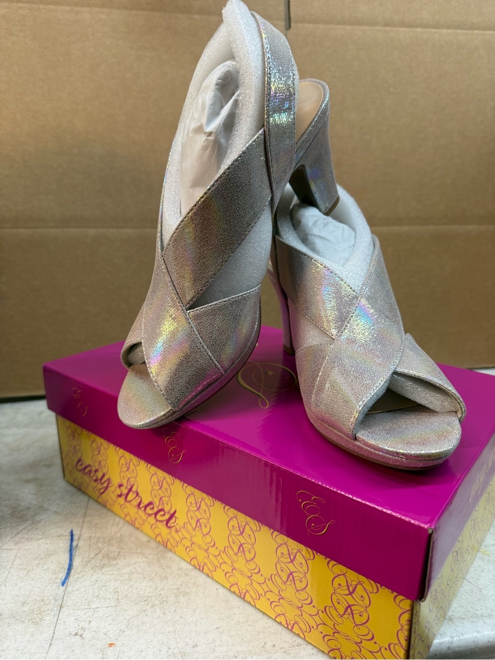easy street Holographic Silver Crisscross Peep-Toe Block Heels